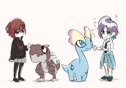 2girls 2others ahoge amaura asakura_toru blush clothes_around_waist crossover dinosaur full_body gen_6_pokemon higuchi_madoka idolmaster idolmaster_shiny_colors looking_at_another multiple_girls multiple_others nintendo open_collar poke_ball pokemon pokemon_(creature) rokkaku_kaku school_uniform short_hair tyrunt