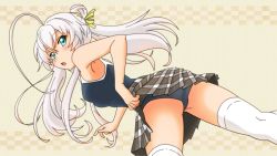 Rule 34 | 050411285aura, 1girl, armpits, bad id, bad pixiv id, dutch angle, finger in own mouth, green eyes, haiyore! nyaruko-san, long hair, looking back, nyarlathotep (nyaruko-san), plaid clothes, plaid skirt, school swimsuit, skirt, swimsuit, swimsuit under clothes, thighhighs, white hair