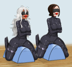 Rule 34 | 2girls, absurdres, ball gag, bdsm, blindfold, bodysuit, brown hair, commission, eudetenis, forced orgasm, full body, gag, gyaru, highres, lilya (pretzelfan), long hair, multiple girls, navel, riding machine, second-party source, sex machine, sex toy, straitjacket, sybian, tagme, vibrator, white hair, yuriko (pretzelfan)