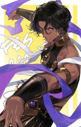 1boy arjuna_(fate) arjuna_(fgo_fes._2025)_(fate) bbprism belly_chain bishounen black_eyes black_hair dark-skinned_male dark_skin earrings fate/grand_order fate_(series) gold_earrings gold_necklace highres indian_clothes jewelry looking_at_viewer male_focus necklace parted_bangs purple_sash sash sleeveless solo wavy_hair