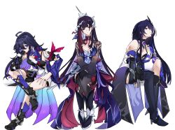 3girls acheron_(honkai:_star_rail) ahoge armband asymmetrical_legwear black_boots black_gloves black_shorts black_shrug black_thighhighs boots breasts choikfu closed_mouth coat coattails collarbone color_connection colored_inner_hair commentary earrings elbow_gloves english_commentary expressionless figure_four_sitting gloves hair_between_eyes hair_ornament halterneck high_heel_boots high_heels highres honkai:_star_rail honkai_(series) hysilens_(honkai:_star_rail) invisible_chair jacket jewelry long_hair long_sleeves looking_at_viewer medium_breasts multicolored_hair multiple_girls purple_bandana purple_eyes purple_hair purple_jacket red_armband seele_(honkai:_star_rail) shorts shrug_(clothing) simple_background single_bare_shoulder single_thigh_boot sitting streaked_hair thigh_boots thighhighs thighs torn_clothes torn_thighhighs uneven_legwear white_background white_coat