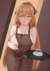 1girl absurdres apron apron_aside bare_arms bare_shoulders blush breasts brown_apron brown_ribbon coffee collarbone cup espresso_(drink) fiftya girls&#039;_frontline girls&#039;_frontline_2:_exilium green_eyes hair_ribbon high_ponytail highres holding holding_tray large_breasts leaning_forward long_hair naked_apron nipples open_mouth orange_hair ponytail ribbon smile solo springfield_(girls&#039;_frontline) tray very_long_hair