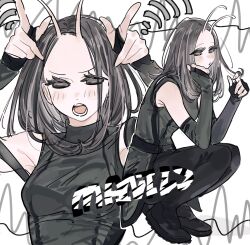Rule 34 | 1girl, animification, antennae, armpits, arms up, bare shoulders, belt, black belt, black boots, black eyes, black gloves, black hair, black pants, blush, boots, breasts, bridal gauntlets, character name, closed mouth, commentary, english commentary, fingerless gloves, full body, gloves, grey shirt, guardians of the galaxy, hand on own face, hands up, highres, looking at viewer, mantis (marvel), marvel, marvel cinematic universe, medium breasts, multiple views, nahnohk, open mouth, pants, shirt, short hair, simple background, sleeveless, sleeveless shirt, squatting, teeth, upper body, v-shaped eyebrows, white background, wi-fi symbol