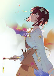 1girl abstract_background absurdres apron arms_at_sides art_brush blue_sky braid brown_apron brown_eyes brown_hair brown_ribbon clear_sky closed_mouth colorful_background daffodil day dress falling_petals flower frills from_side gradient_clothes gradient_dress hair_behind_ear hair_flower hair_ornament hair_ribbon hako_(misheyes) happy head_back highres holding holding_paint_palette light_smile long_dress long_sleeves looking_afar mitasarenai_pale_color_(project_sekai) official_alternate_costume paint paint_palette paintbrush petals profile project_sekai purple_dress ribbon shinonome_ena short_braid short_hair side_braid single_braid sky sleeve_cuffs solo strap_slip swept_bangs tearing_up white_dress white_flower wind wind_lift