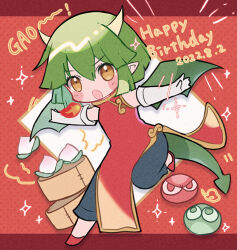 1girl bamboo_steamer black_pants breath_weapon breathing_fire brown_eyes china_dress chinese_clothes draco_centauros dragon_girl dragon_horns dragon_tail dragon_wings dress dumpling eyelashes fang fire food gao gloves green_hair green_tail green_wings hair_between_eyes happy_birthday horns kashima_miyako open_mouth outstretched_arms pants pointy_ears puyo_(puyopuyo) puyopuyo red_dress red_footwear side_slit solo spread_arms tail white_gloves white_horns wings