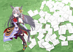 1girl absurdres blush breasts chrono_genesis_(umamusume) closed_mouth collarbone detached_sleeves fingerless_gloves full_body gloves grass grey_hair hair_between_eyes hair_ornament highres horse_girl looking_at_viewer paper small_breasts solo standing take20131004 thighhighs umamusume
