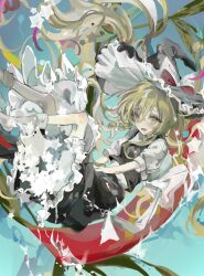 Rule 34 | 1girl, black skirt, black vest, blonde hair, bloomers, blush, braid, fang, frills, hair between eyes, hat, highres, kirisame marisa, long hair, open mouth, ribbon, sesmkun, shirt, skirt, smile, socks, solo, star-shaped pupils, star (symbol), symbol-shaped pupils, touhou, underwear, very long hair, vest, white bloomers, white shirt, white socks, witch hat, yellow eyes