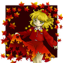 1girl aki_shizuha autumn_leaves blonde_hair gradient_clothes gradient_skirt hair_ornament leaf leaf_hair_ornament leaf_on_head long_sleeves looking_to_the_side lowres maple_leaf mo-musu open_hand red_background short_hair skirt skirt_set touhou yellow_eyes yellow_light