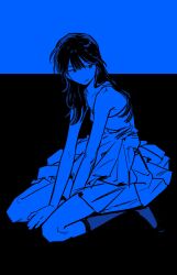 1girl blue_theme dnffkfffk000 dress full_body highres kneehighs long_hair monochrome original sitting sketch sleeveless socks solo