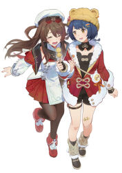 Rule 34 | 2girls, absurdres, bandaid, bandaid on leg, black shoes, black socks, blue hair, brown hair, brown thighhighs, closed eyes, ddal, eyewear on head, full body, genshin impact, hair between eyes, hat, highres, hu tao (cherries snow-laden) (genshin impact), hu tao (genshin impact), knit hat, leg warmers, long hair, long sleeves, looking at another, multiple girls, official alternate costume, open mouth, red-tinted eyewear, red nails, red shoes, red skirt, round eyewear, shoes, short hair, simple background, skirt, smile, socks, sunglasses, thighhighs, tinted eyewear, white background, white hat, xiangling (genshin impact), xiangling (new year&#039;s cheer) (genshin impact), yellow eyes