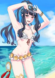 1girl armpits arms_up bare_shoulders beach belly_chain bikini black_hair blue_hair blue_sky blush breasts choker colored_inner_hair eyeliner fate/grand_order fate_(series) grey_eyes high_ponytail highres jewelry long_hair looking_at_viewer makeup multicolored_hair navel nitosa open_mouth ponytail shore sidelocks sky small_breasts smile solo sunglasses swimsuit tenochtitlan_(fate) tenochtitlan_(swimsuit_mooncancer)_(fate) tenochtitlan_(swimsuit_mooncancer)_(first_ascension)_(fate) thighs white_bikini