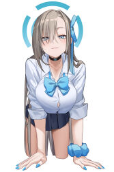 Rule 34 | 1girl, all fours, asuna (blue archive), asuna (school uniform) (blue archive), black choker, black skirt, blue archive, blue bow, blue bowtie, blue eyes, blue halo, blue nails, blue ribbon, blue scrunchie, bow, bowtie, breasts, brown hair, button gap, choker, commentary request, hair over one eye, hair ribbon, halo, highres, large breasts, long hair, looking at viewer, loose bowtie, noho (yp6166), pleated skirt, ribbon, school uniform, scrunchie, shirt, simple background, skirt, sleeves rolled up, smile, solo, white background, white shirt, wrist scrunchie
