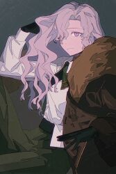 Rule 34 | 1girl, adjusting hair, arm out of sleeve, black gloves, brown coat, coat, collared shirt, cowboy shot, dark background, from side, fur-trimmed coat, fur trim, gloves, green necktie, grey hair, grey pants, hand in own hair, hand up, highres, knee up, long hair, long sleeves, looking at viewer, mole, mole under mouth, necktie, pants, purple eyes, reverse:1999, shirt, shirt partially tucked in, sitting, smile, solo, wavy hair, white shirt, windsong (reverse:1999), zhizhizi