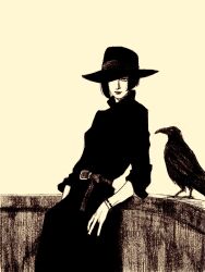 1girl bird black_outline brown_theme crow highres long_hair looking_at_viewer lying on_back original outline solo tp_p_pt white_background wide_brim