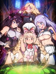 4girls absurdres apron armored_leotard bare_shoulders belt black_belt black_dress black_gloves black_leotard blonde_hair blue_bow blue_eyes blush bow braid breasts bridal_gauntlets cauldron chef_hat cherry church chuunibyou commentary_request crop_top crossed_bangs crust_(nikke) dashiziruangeal dress eyepatch fingerless_gloves flat_chest flat_top_chef_hat folkwang_(nikke) food food-themed_hair_ornament food_costume fruit gloves goddess_of_victory:_nikke grin guillotine_(nikke) hair_between_eyes hair_bow hair_ornament half_gloves hand_on_own_hip hand_over_eye hands_on_own_chest harran_(nikke) hat highres horns indoors large_breasts leotard long_hair mechanical_horns military_uniform mole mole_under_eye multiple_girls navel open_mouth pants pink_bow pink_dress purple_hair rabbit_hair_ornament red_eyes shirt short_sleeves sidelocks sleeveless sleeveless_shirt smile standing stomach strawberry strawberry_hair_ornament sweat teeth twin_braids two-tone_gloves underboob upper_teeth_only very_long_hair very_sweaty white_apron white_bow white_bridal_gauntlets white_pants white_shirt