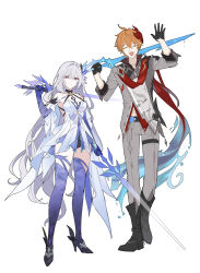1boy 1girl absurdres black_boots black_gloves black_shoes boo_1 boots breasts closed_eyes closed_mouth detached_sleeves dual_wielding full_body genshin_impact gloves grey_hair hair_between_eyes high_heels highres holding holding_sword holding_weapon jacket long_hair looking_at_viewer mask mask_on_head open_mouth orange_hair over_shoulder pants red_eyes red_mask red_scarf scarf shoes simple_background skirk_(genshin_impact) standing sword tartaglia_(genshin_impact) thighhighs very_long_hair vision_(genshin_impact) weapon weapon_over_shoulder white_background