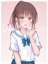 1girl blue_bow blue_bowtie blue_skirt blush bow bowtie brown_eyes brown_hair collarbone hair_between_eyes hair_ornament hairclip heart highres kutatsu_(kutatsu7) long_hair looking_at_viewer open_mouth original pleated_skirt ponytail sailor_collar school_uniform serafuku shirt short_sleeves skirt solo sweat sweatdrop upper_body white_sailor_collar white_shirt