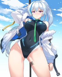Rule 34 | 1girl, arm behind head, arm up, armcho, barcode, barcode tattoo, bare shoulders, black leotard, blue sky, blue streaks, breasts, cloud, commentary, contrapposto, covered navel, crossed bangs, day, ephnel, eyeliner, fur-trimmed jacket, fur trim, gluteal fold, green necktie, hair between eyes, highres, holding, impossible clothes, impossible leotard, jacket, large breasts, leotard, light particles, long hair, long sleeves, looking at viewer, makeup, multicolored hair, necktie, ponytail, purple eyes, red eyeliner, sky, solo, soulworker, standing, streaked hair, tattoo, thighs, two-sided fabric, two-sided jacket, v-shaped eyebrows, very long hair, white hair, white jacket