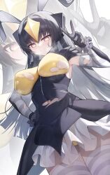 1girl antennae armpits black_dress black_gloves black_hair blush breasts commentary_request crossed_bangs dress dutch_angle frilled_gloves frills from_below gloves gradient_eyes hand_on_own_hip hand_up headpiece highres jihua_tong large_breasts long_hair looking_at_viewer looking_down miniskirt multicolored_eyes panties pantyshot personification see-through_clothes see-through_skirt simple_background skirt solo standing steaming_body striped_clothes striped_sleeves striped_thighhighs thighhighs thighs torn_clothes torn_dress torn_sleeves ultra_kaijuu_gijinka_keikaku ultra_series underwear v very_long_hair white_background white_skirt white_thighhighs yellow_eyes yellow_panties zetton zoom_layer