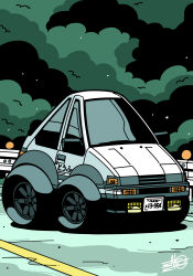 car chibi choro-q forest fujiwara_takumi&#039;s_toyota_trueno_ae86 highres initial_d license_plate motor_vehicle nature no_humans parody road satosio signature style_parody toyota toyota_sprinter_trueno vehicle_focus