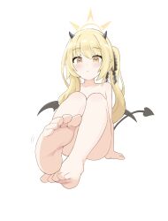 1girl absurdres asymmetrical_hair barefoot black_horns black_tail black_wings blonde_hair blue_archive closed_mouth completely_nude demon_girl demon_horns demon_tail demon_wings feet foot_focus halo highres horns ibuki_(blue_archive) loli long_hair looking_at_viewer nude one_side_up qz sitting solo tail white_background wings yellow_eyes yellow_halo