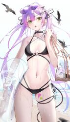 1girl beach bikini bird black_bikini black_collar black_ribbon blush bow breasts choppy_bangs collar collarbone commentary_request cowboy_shot demon_tail double-parted_bangs ear_piercing eyewear_on_head gradient_hair green_eyes hair_between_eyes hair_bow hair_ribbon halterneck highres holding holding_swim_ring hololive innertube leg_tattoo linea_alba long_hair looking_at_viewer multicolored_hair multiple_hair_bows navel navel_piercing open_mouth piercing ribbon seagull side-tie_bikini_bottom small_breasts solo string_bikini swim_ring swimsuit tail tanishi_(hetianming11093) tattoo thigh_strap tokoyami_towa water wet