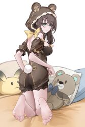 1girl absurdres barefoot blue_eyes brown_hair feet highres hood long_hair looking_at_viewer looking_back nagata_gata parted_lips soles strinova stuffed_animal stuffed_toy teddy_bear toes yvette_(strinova)