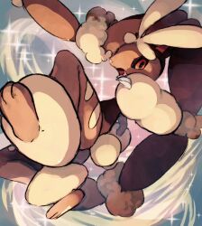 1girl animal_ears animal_hands animal_nose black_sclera body_fur brown_fur colored_sclera elizabeth_(tomas21) full_body furry furry_female gen_4_pokemon looking_at_viewer lopunny mega_lopunny mega_pokemon nintendo open_mouth pantyhose pokemon pokemon_(creature) rabbit_ears rabbit_girl rabbit_tail red_eyes solo tail torn_clothes torn_pantyhose yellow_fur