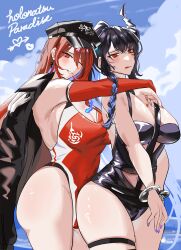 Rule 34 | 2girls, absurdres, arms around neck, asymmetrical horns, bare shoulders, belt, between breasts, black hair, black jacket, blue fire, blue hair, blue nails, blush, braid, breasts, cleavage, colored inner hair, competition swimsuit, covered navel, cuffs, demon horns, elizabeth rose bloodflame, fire, fire on chest, handcuffs, hat, highleg, highleg one-piece swimsuit, highres, hololive, hololive english, horns, hug, jacket, jacket on shoulders, large breasts, long hair, long sleeves, looking at viewer, mole, mole under eye, multicolored hair, multiple girls, nerissa ravencroft, official alternate costume, one-piece swimsuit, open clothes, open jacket, open mouth, police hat, red eyes, red hair, red nails, red one-piece swimsuit, set7, side braid, single braid, smile, split-color hair, strap between breasts, swimsuit, thigh belt, thigh strap, thighs, two-tone hair, uneven horns, very long hair, virtual youtuber