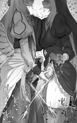 2girls absurdres blue_archive blush braid breast_press breasts closed_mouth clothes_lift dress dress_lift excessive_pussy_juice female_ejaculation fingering from_side heart highres hotate-chan huge_breasts long_hair long_sleeves looking_at_another mine_(blue_archive) monochrome multiple_girls mutual_fingering mutual_masturbation puffy_sleeves pussy_juice sakurako_(blue_archive) smile stained_clothes symmetrical_docking thighhighs thighs wings yuri