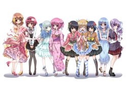 10s 6+girls :d :o ^_^ ankle_lace-up blonde_hair blue_hair blush boots bow brown_eyes brown_hair closed_eyes dress fang flower fujii_masami glasses green_eyes hair_bow hair_flower hair_ornament hair_ribbon hakamada_hinata hakamada_kagetsu headband high_heels highres holding_hands japanese_clothes kashii_airi kneehighs legs lolita_fashion long_hair mimi_balguerie minato_tomoka misawa_maho mole multiple_girls nagatsuka_saki nora-toro open_mouth pantyhose pink_hair purple_hair ribbon rou-kyuu-bu! short_hair siblings side_ponytail silver_hair smile socks striped_clothes striped_legwear striped_socks takenaka_hiiragi takenaka_tsubaki twins very_long_hair wa_lolita white_background yellow_eyes