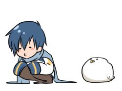 1boy :3 animated animated_gif bird blue_hair blue_scarf chibi dancing kaito_(vocaloid) male_focus o3o scarf simple_background solo vocaloid white_background