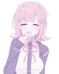 1girl black_shirt blush breasts brown_hair collared_shirt danganronpa_(series) danganronpa_2:_goodbye_despair dress_shirt drooling flipped_hair galaga hair_ornament highres jacket long_sleeves looking_at_viewer medium_hair nanami_chiaki neck_ribbon open_clothes open_jacket pink_eyes pink_ribbon ribbon rrr_(0o73_rrr) shirt simple_background skirt sleepy solo spaceship_hair_ornament upper_body white_background white_shirt