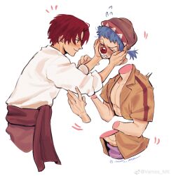 Rule 34 | 2boys, absurdres, bare pectorals, blue hair, brown hat, brown shirt, buggy the clown, devil fruit power, disembodied head, flying sweatdrops, hat, highres, long sleeves, male focus, multiple boys, one piece, pectorals, ponytail, red hair, shanks (one piece), shirt, short hair, short sleeves, simple background, vamos mk, white background