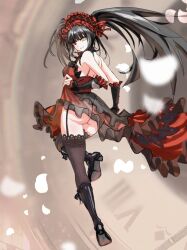 Rule 34 | 1girl, ass, bare shoulders, black hair, black thighhighs, breasts, clock eyes, date a live, detached sleeves, dress, frilled dress, frilled hairband, frills, garter straps, hairband, heterochromia, highres, lace, lace-trimmed thighhighs, lace trim, lolita fashion, lolita hairband, long hair, looking at viewer, medium breasts, petals, red dress, red eyes, roman numeral, see-through clothes, see-through dress, smile, snake wuwaefine, solo, symbol-shaped pupils, thighhighs, tokisaki kurumi, twintails, two-tone dress, yellow eyes