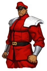1boy belt capcom_vs_snk clenched_hand frown game_cg hat highres ikeno_daigo m._bison male_focus muscular muscular_male non-web_source official_art parted_lips peaked_cap shoulder_pads smile solo street_fighter teeth white_background