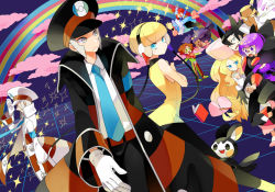 10s 4boys 5girls black_hair blonde_hair blue_eyes book burgh_(pokemon) caitlin_(pokemon) closed_eyes creatures_(company) dark-skinned_female dark-skinned_male dark_skin elesa_(pokemon) elite_four emmet_(pokemon) emolga game_freak gen_5_pokemon glasses gloves green_eyes grey_eyes grey_hair grimsley_(pokemon) gum_(gmng) gumidemo_kandero gym_leader hat headphones ingo_(pokemon) iris_(pokemon) marshal_(pokemon) mienshao multiple_boys multiple_girls nintendo pantyhose peaked_cap pokemon pokemon_(creature) pokemon_bw purple_eyes purple_hair rainbow riding riding_pokemon shauntal_(pokemon) skyla_(pokemon) sparkle swoobat