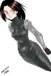 1girl alita alita:_battle_angel battle_angel_alita black_hair bodysuit breasts brown_eyes cyberpunk cyborg dated facial_mark fingerless_gloves gloves highres jirohhb lips looking_at_viewer mechanical_arms medium_breasts short_hair solo white_background