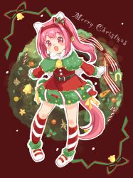 1girl :d absurdres animal_ears bell belt belt_buckle blush_stickers bow brown_belt buckle capelet christmas christmas_wreath commentary_request dress ear_bow flower-shaped_pupils full_body fur-trimmed_dress fur-trimmed_sleeves fur_trim green_capelet hairband haru_urara_(umamusume) highres horse_ears horse_girl horse_tail kneehighs long_hair long_sleeves merry_christmas mittens moko39_takasora neck_bell open_mouth pigeon-toed pink_hair ponytail puffy_long_sleeves puffy_sleeves red_background red_bow red_dress red_eyes red_hairband shoes simple_background smile socks solo standing striped_bow striped_clothes striped_socks symbol-shaped_pupils tail umamusume white_hairband white_mittens white_shoes wreath
