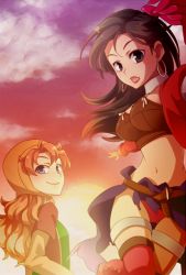 2girls aira_(dq7) black_hair blue_eyes breasts brown_hair cleavage dragon_quest dragon_quest_vii earrings gloves grey_eyes hood jewelry long_hair maribel_(dq7) medium_breasts midriff multiple_girls open_mouth sanndo small_breasts smile thighhighs