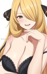 1girl :d artist_name black_bra blonde_hair bra breasts cleavage collarbone commentary_request creatures_(company) cynthia_(pokemon) game_freak grey_eyes hair_ornament hair_over_one_eye hand_up highres huge_breasts large_breasts long_hair looking_at_viewer nintendo open_mouth pokemon pokemon_dppt simple_background smile solo strap_slip surippa1010 teeth twitter_username underwear upper_body upper_teeth_only white_background