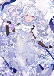 1girl :d ahoge bodysuit breasts bug butterfly clothing_cutout covered_navel cowboy_shot fate/grand_order fate_(series) floating_hair game_cg gloves hair_intakes hand_up insect lady_avalon_(fate) lady_avalon_(third_ascension)_(fate) long_sidelocks looking_at_viewer medium_breasts merlin_(fate/prototype) official_art open_mouth pink_eyes side_cutout sidelocks smile solo taiki_(luster) teeth third-party_source turtleneck upper_teeth_only white_bodysuit white_gloves white_hair white_theme