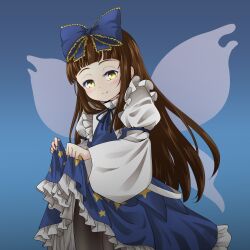 1girl absurdres black_pantyhose blue_background blue_bow blue_dress blue_ribbon blunt_bangs bow brown_hair clothes_lift commentary_request commission dress flat_chest frilled_bow frilled_shirt_collar frills gradient_background hair_bow highres juliet_sleeves lifting_own_clothes long_hair long_sleeves naegi_(naegidokoro) pantyhose petticoat puffy_sleeves ribbon short_bangs simple_background skeb_commission skirt skirt_lift smile solo split_mouth star_(symbol) star_print star_sapphire touhou very_long_hair wide_sleeves yellow_eyes