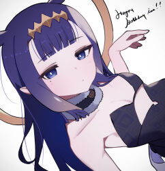 1girl black_collar black_dress blunt_bangs breasts collar commentary dress fur-trimmed_collar fur_trim gradient_hair halo happy_birthday headpiece highres hololive hololive_english long_hair looking_at_viewer lumina_(1umin4) mole mole_under_eye multicolored_hair ninomae_ina&#039;nis ninomae_ina&#039;nis_(1st_costume) orange_hair parted_lips purple_eyes purple_hair sidelocks simple_background small_breasts solo straight_hair strapless strapless_dress tentacle_hair tube_dress virtual_youtuber white_background
