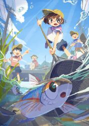 brown_hair butterfly_net closed_eyes cloud day fish fishing fishing_rod hand_net hat highres holding kokamakiri multiple_boys open_mouth original outdoors school_uniform shirt shorts sky smile straw_hat water watercraft