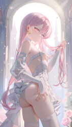 1girl absurdres ass back bare_shoulders blush breasts bridal_gauntlets choker commentary detached_sleeves dress earrings falling_petals flower from_side hair_between_eyes hair_lift hand_in_own_hair hand_on_own_ass hand_up heart heart_earrings highres jewelry long_hair looking_at_viewer moemoepiano original panties petals pink_eyes pink_flower pink_hair pink_nails pink_rose rose single_bridal_gauntlet small_breasts solo standing thighhighs turning_head underwear very_long_hair white_bridal_gauntlets white_choker white_dress white_panties white_thighhighs