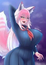 Rule 34 | 1girl, absurdres, alternate breast size, animal ears, arm at side, arm up, arms behind head, blue background, blue shirt, blue skirt, blush, breasts, claws, cowboy shot, eyebrows, eyelashes, fangs, female focus, from side, gradient background, hassylep, highres, huge breasts, long hair, looking at viewer, looking to the side, murenase! shiiton gakuen, neckerchief, okami feriru, open mouth, pink hair, purple background, red neckerchief, school uniform, shirt, simple background, skirt, smile, solo, standing, tail, tall female, tongue, two-tone background, wolf ears, wolf girl, wolf tail, yellow eyes