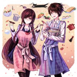 1boy 1girl apron baking bbing black_cat blue_apron bow bowl brown_hair cat cooking food glasses grey_serafuku hair_bow highres holding holding_bowl juusan_kihei_bouei_ken kurabe_juurou long_hair pink_apron rimless_eyewear school_uniform serafuku shippou_(juusan_kihei_bouei_ken) shirt short_hair very_long_hair whisk white_shirt yakushiji_megumi