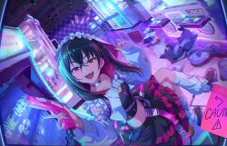 Rule 34 | arcade, black hair, breasts, brown eyes, ceiling light, checkered wall, choker, cleavage, crossed legs, detached sleeves, distortion, english text, game cg, gun, holding, hood, idolmaster, idolmaster cinderella girls, idolmaster cinderella girls starlight stage, lightning bolt symbol, nail polish, navel, neon lights, official art, open mouth, sharp teeth, skirt, stuffed toy, sunazuka akira, teeth, tile floor, tiles, twintails, weapon