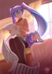 1girl absurdres alternate_hair_color aqua_eyes black_thighhighs cardigan character_doll crotchet_rest female_focus flat_sign hachune_miku hatsune_miku highres legs_together long_hair musical_note musical_note_print purple_hair reading sheet_music sitting solo thighhighs twintails very_long_hair vocaloid wide-eyed yamato_(genesisace)